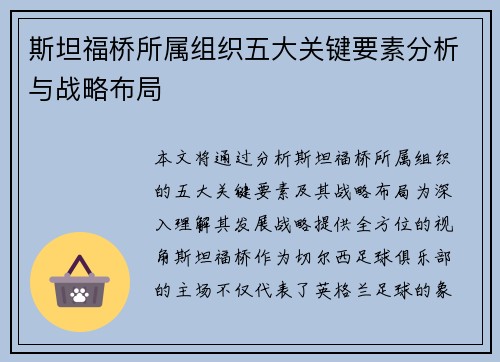 斯坦福桥所属组织五大关键要素分析与战略布局