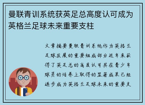 曼联青训系统获英足总高度认可成为英格兰足球未来重要支柱